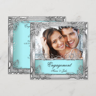 Invitation Fête de Fiançailles Photo Teal Blanc Argent