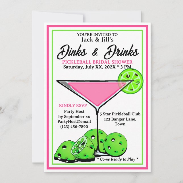 Invitation Fête de fiançailles Pickleball Dinks & Boissons Ro (Devant)