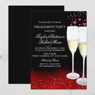 Invitation Fête de fiançailles Red Black Champagne & Cœurs