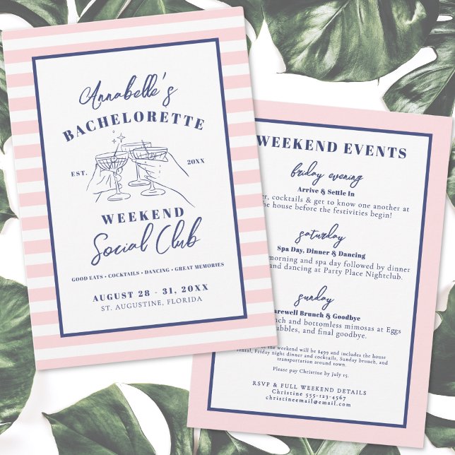 Invitation Fête de Fiançailles Rétro Moderne Rose (Social Club Preppy Bachelorette Party Invitation)