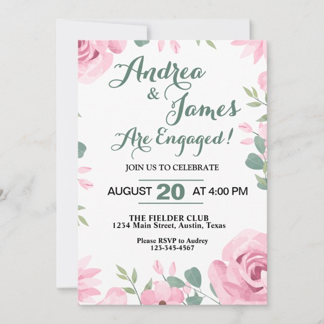 Invitation Fête de fiançailles rose et vert mousse Pretty Pin (Devant)