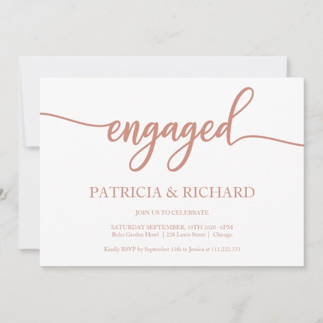 Invitation Fête de fiançailles Rose Gold Calligraphie Élégant (Devant)