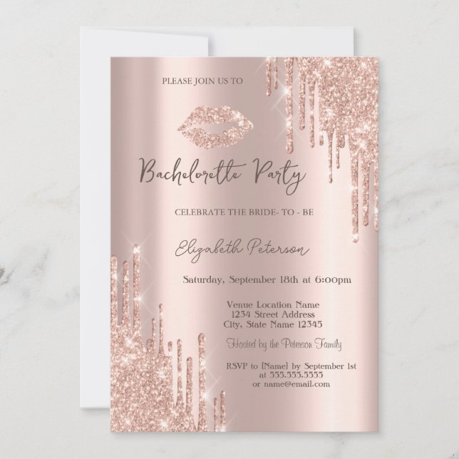 Invitation Fête de Fiançailles Rose Gold Lips Dégoulinant de  (Devant)