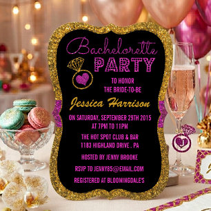 Invitation Fête de Fiançailles Rose Magenta et Paillettes Dor