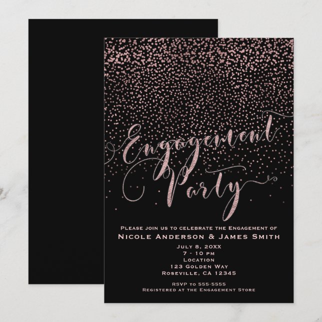 Invitation Fête de Fiançailles Rose Noir Doré Confettis (Devant / Derrière)