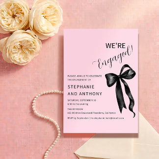Invitation Fête de fiançailles rose pâle et ruban noir Coquet