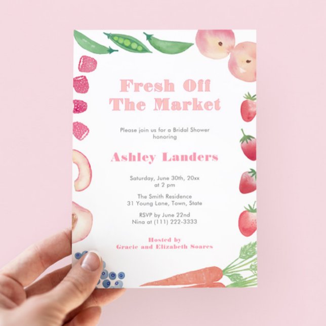 Invitation Fête de Fiançailles Rose Parfaite pour une Mariée  (She's Fresh Off The Market! Watercolor Farmers Market Bridal Shower Invite With Peachy Pink accents)