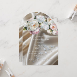 Invitation Fête de fiançailles Roses en satin blanc et pivoin