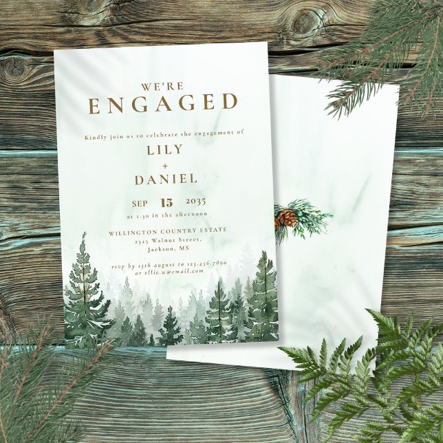 Invitation Fête de fiançailles Rustique Aquarelle Forêt de Pi (Rustic Watercolor Pine Forest Engagement Party Invitation)