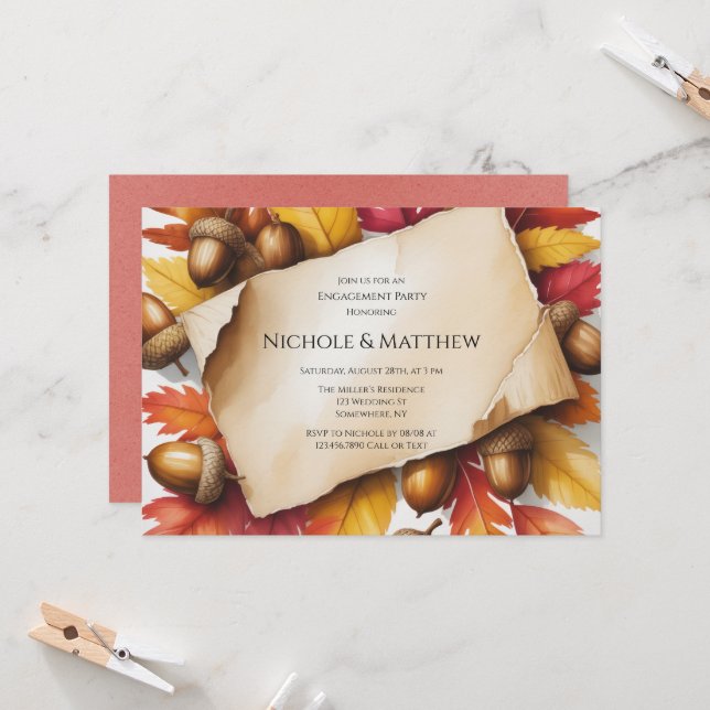 Invitation Fête de fiançailles rustique avec feuilles d'autom (Devant/Arrière en situation)