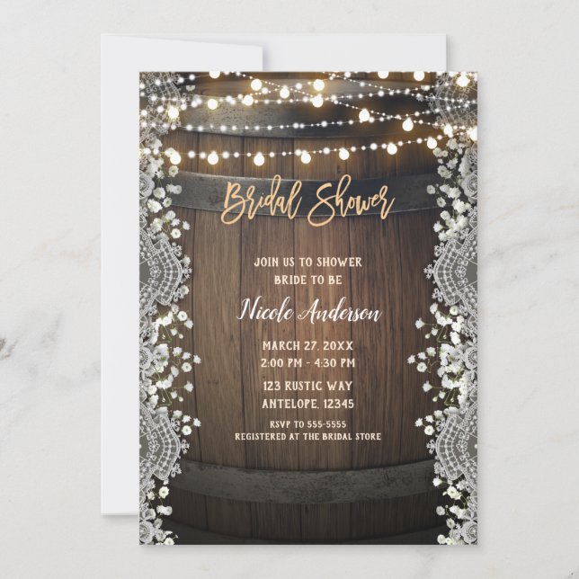 Invitation Fête de Fiançailles Rustique avec Tonneau en Bois, (Devant)
