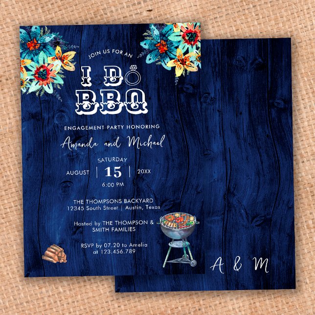 Invitation Fête de Fiançailles Rustique Bleu Bois I Do BBQ (Créateur téléchargé)