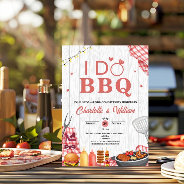 Invitation Fête de fiançailles rustique 'Je fais du BBQ' (i do bbq rustic country barbecue engagement party string lights sunflowers wood floral bam couple)