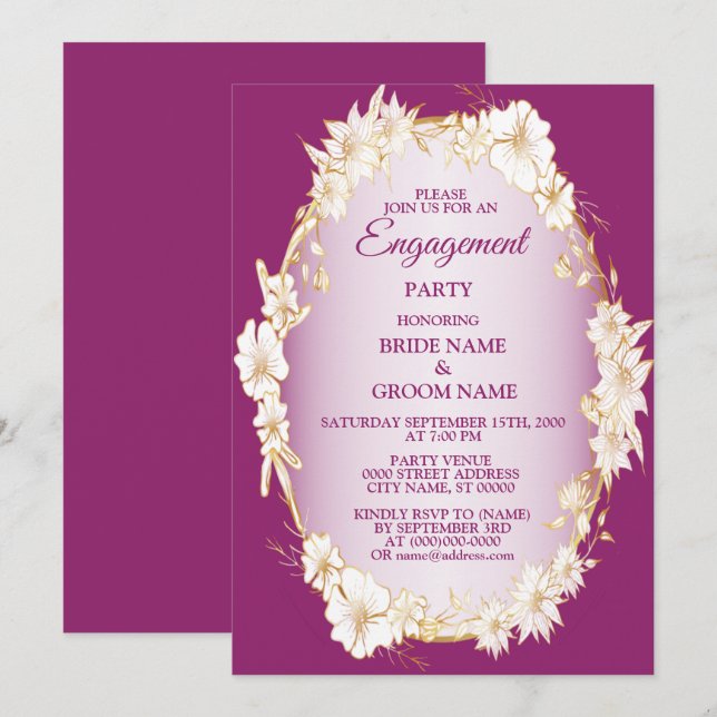 Invitation Fête de fiançailles rustique rose floral blanc dor (Devant / Derrière)