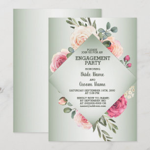 Invitation Fête de fiançailles rustique verte florale rose de