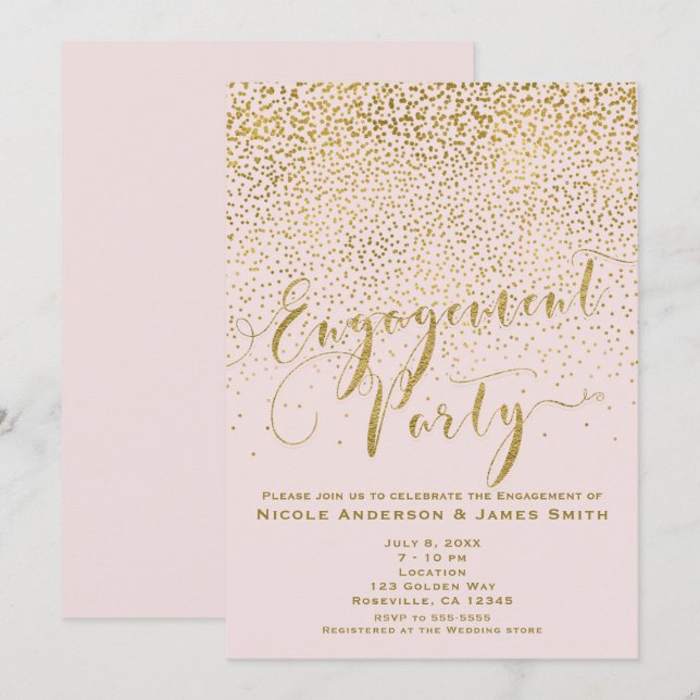 Invitation FÊTE DE FIANÇAILLES Shower Blush Rose & Confettis  (Devant / Derrière)