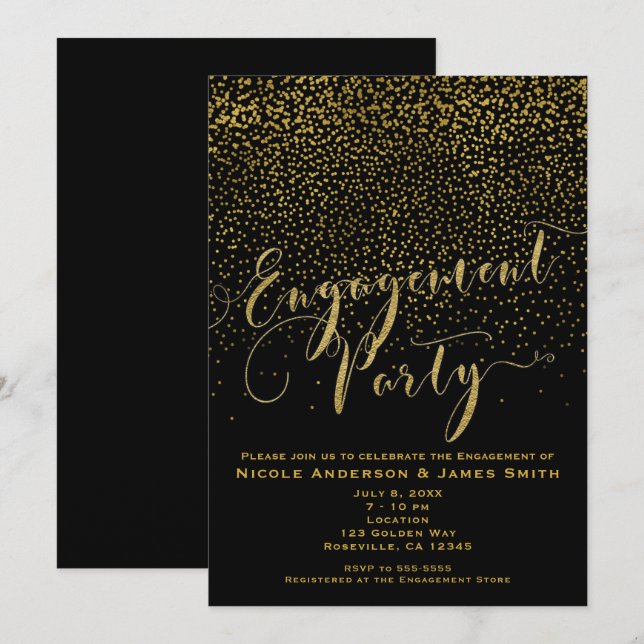 Invitation FÊTE DE FIANÇAILLES Shower Confetti Noir & Or Glam (Devant / Derrière)