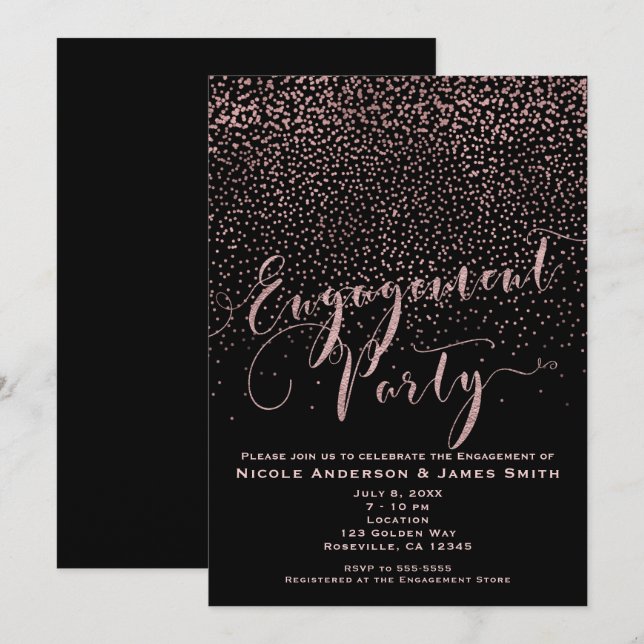 Invitation FÊTE DE FIANÇAILLES Shower Rose noire dorée Confet (Devant / Derrière)