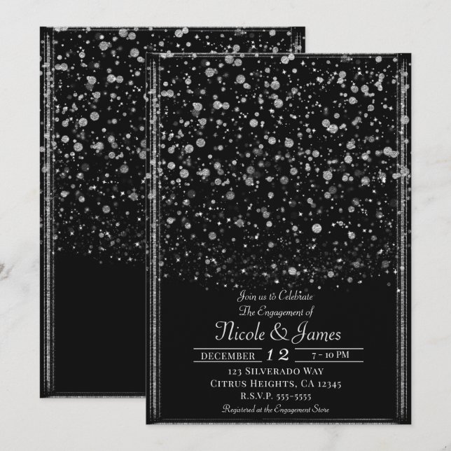 Invitation Fête de fiançailles Silver & Black Confetti Splatt (Devant / Derrière)