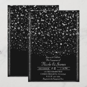 Invitation Fête de fiançailles Silver & Black Confetti Splatt
