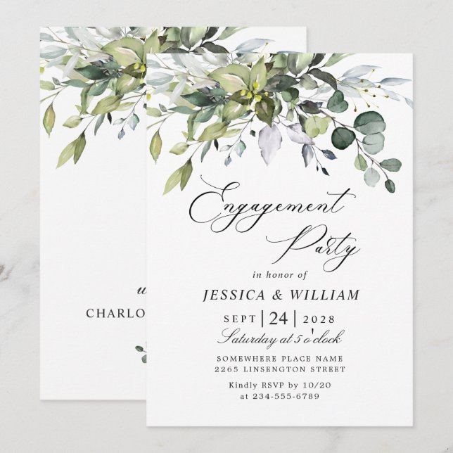 Invitation Fête de fiançailles simplement élégante Eucalyptus (Devant / Derrière)