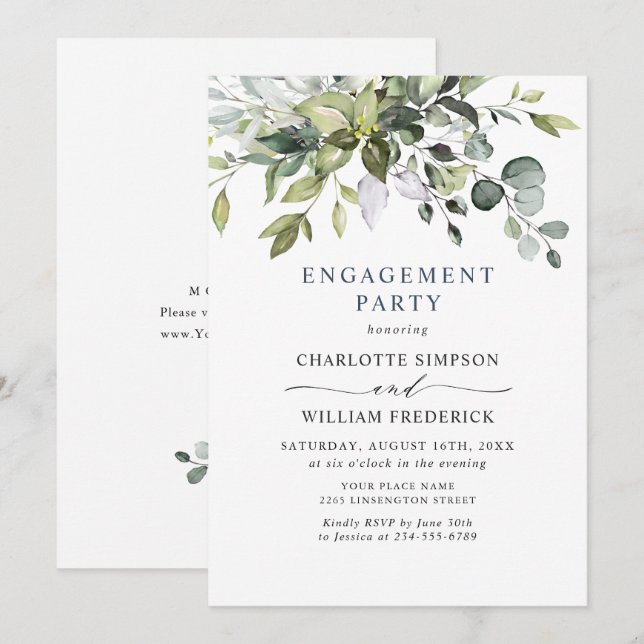 Invitation Fête de fiançailles simplement élégante Eucalyptus (Devant / Derrière)