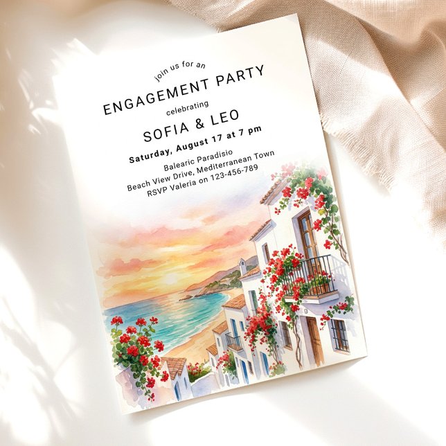 Invitation Fête de fiançailles sur la plage au coucher de sol (Spanish Mediterranean Coastal themed invitation for engagement, wedding shower, rehearsal dinner etc)