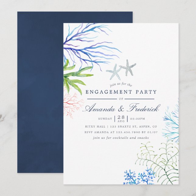 Invitation Fête de fiançailles sur le thème de la mer à l'aqu (Devant / Derrière)