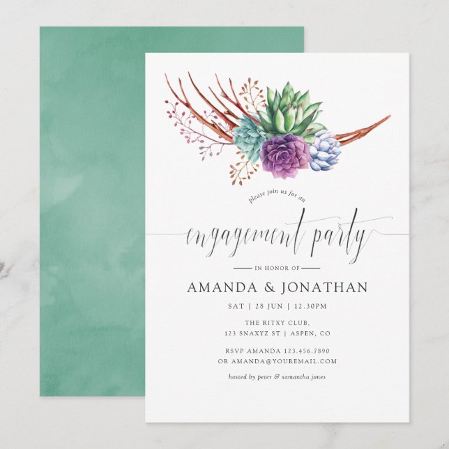 Invitation Fête de fiançailles sur le thème des succulentes d (Devant / Derrière)