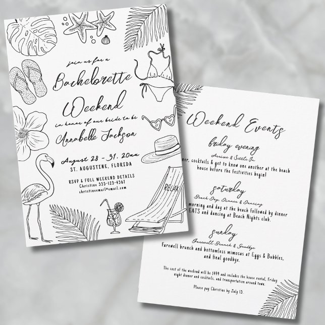 Invitation Fête de Fiançailles sur une Plage Tropicale Dessin (Hand Drawn Tropical Beach Bachelorette Party Invitation)