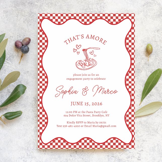 Invitation Fête de Fiançailles That's Amore Gingham Rouge Ita (Créateur téléchargé)