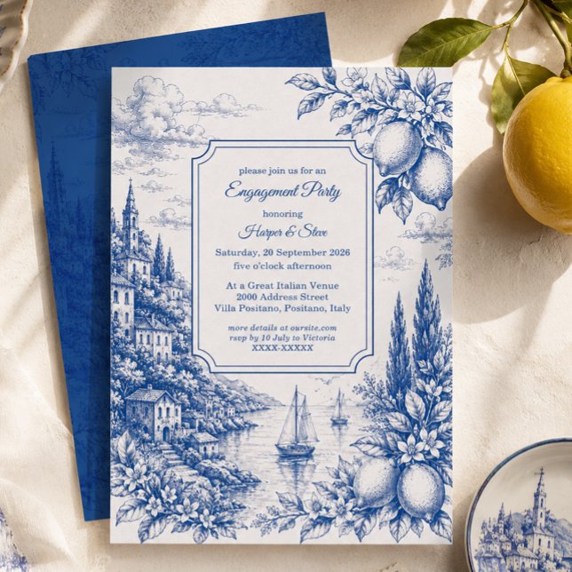 Invitation Fête de fiançailles Toile Côtière Italienne Bleue (Créateur téléchargé)