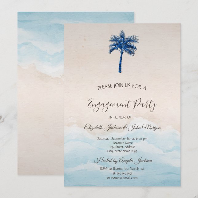 Invitation Fête de fiançailles Tropical Beach Glitter Palm   (Devant / Derrière)