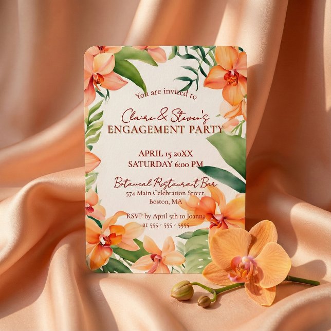 Invitation Fête de fiançailles Tropical Orange Orchidée & Ver (Créateur téléchargé)