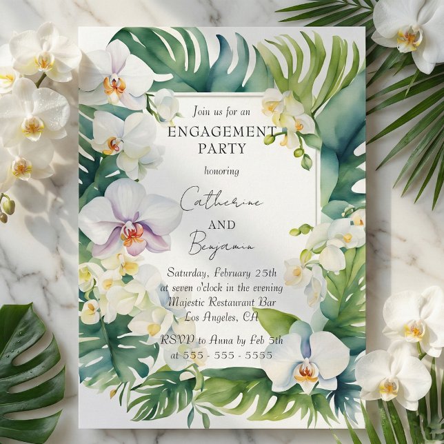 Invitation Fête de fiançailles Tropical White Orchid & Greene (Créateur téléchargé)