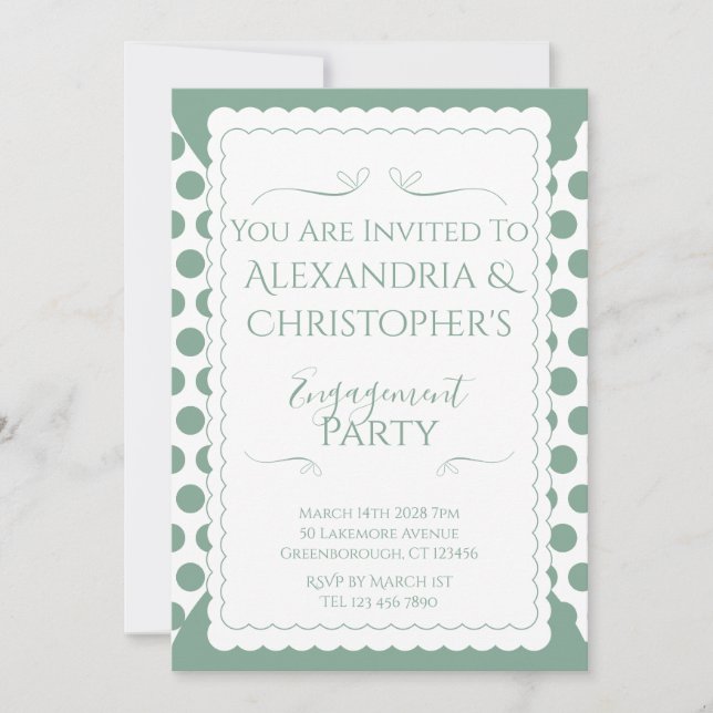 Invitation Fête de Fiançailles Vert et Blanc à Points (Devant)