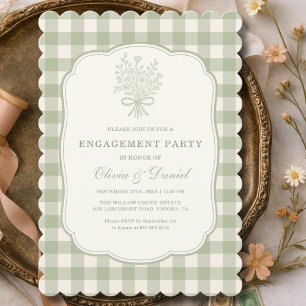 Invitation Fête de Fiançailles Vichy Floral Vert Sauge