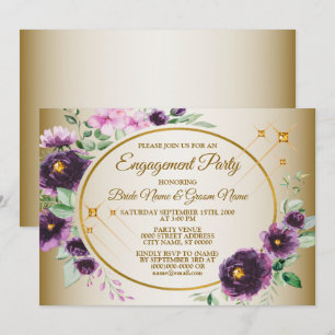 Invitation Fête de Fiançailles Violet Rose Floral Vert Doré