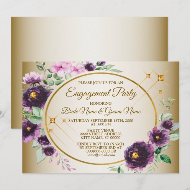 Invitation Fête de Fiançailles Violet Rose Floral Vert Doré (Devant / Derrière)
