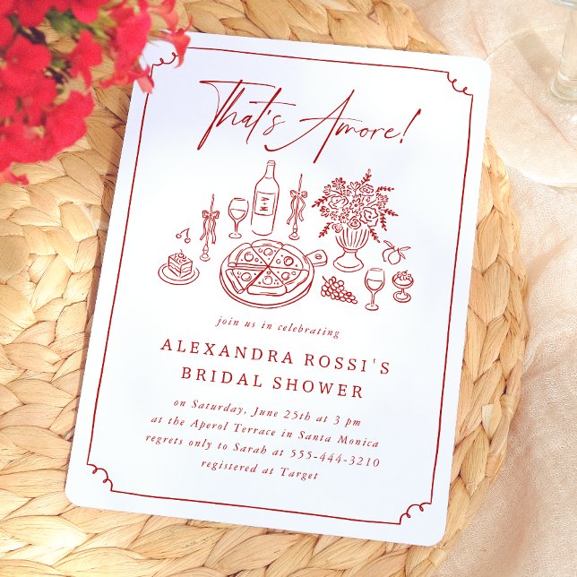 Invitation Fête de Fiançailles Whimsical Pizza & Vin Dessinés (Card Front Mock-up)