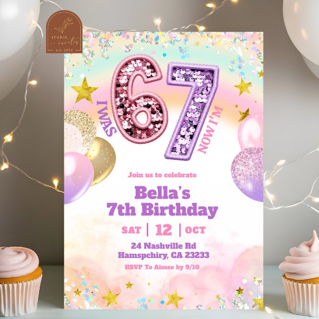 Invitation Fête de fille 67 ans Paillettes Pastel  (Créateur téléchargé)
