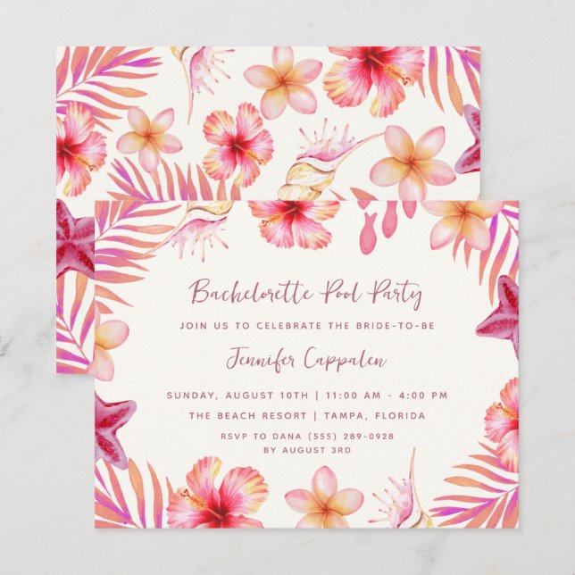 Invitation Fête de Fille au Bord de la Piscine Tropicale  (Devant / Derrière)