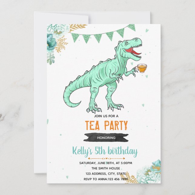 Invitation fête de fille au thé T-rex (Devant)
