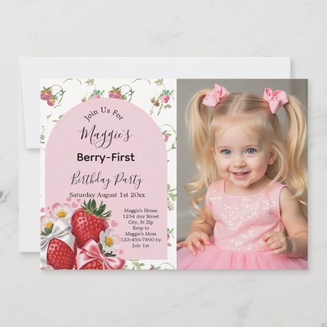 Invitation Fête de fille aux fraises pour le 1er anniversaire (Devant)