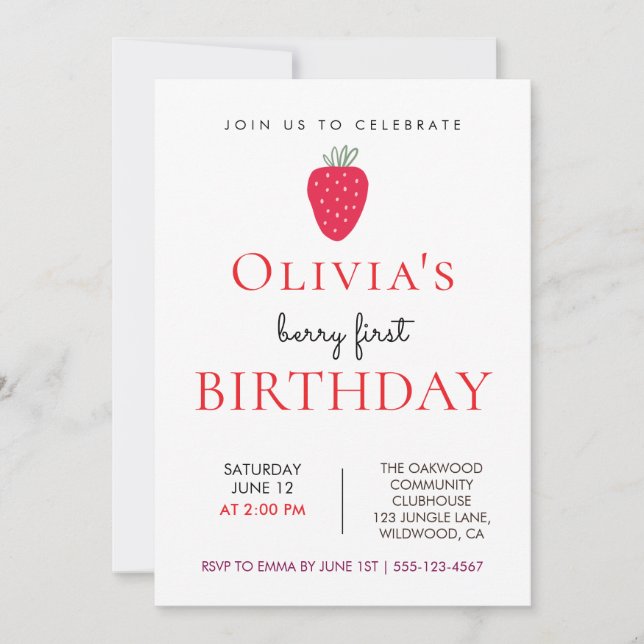Invitation Fête de fille aux fraises pour le premier annivers (Devant)