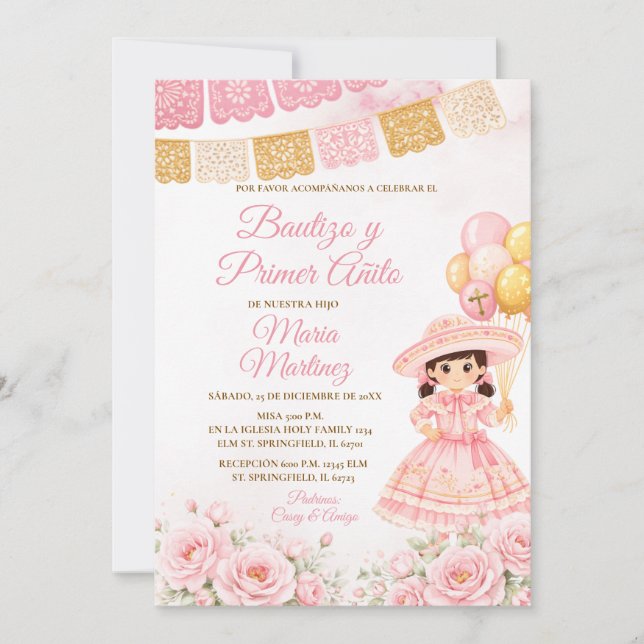 Invitation Fête de fille espagnole rose Baptême et premier an (Devant)
