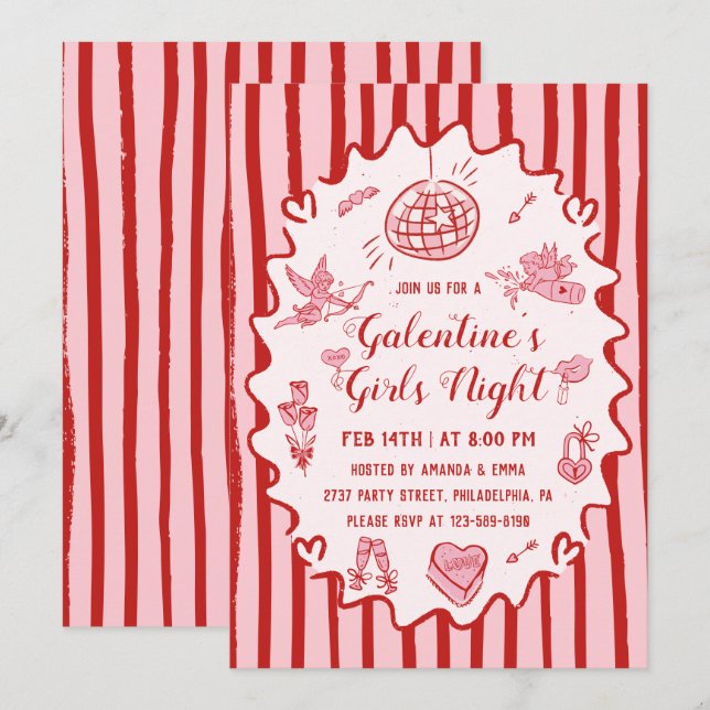 Invitation Fête de filles de la Saint-Valentin rouge rose des (Devant / Derrière)