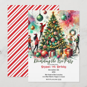 Invitation Fête de filles décorant l'arbre de Noël