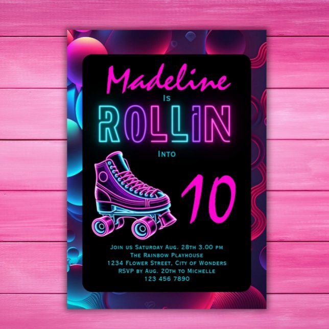 Invitation Fête de Filles en Patins à Roulettes Néon Annivers (Créateur téléchargé)