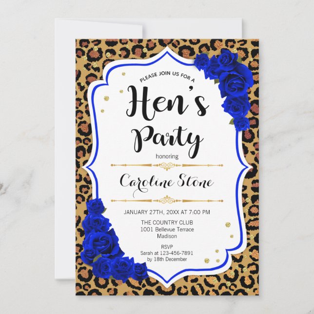 Invitation Fête de Filles - Imprimé Léopard Or Bleu Royal (Devant)